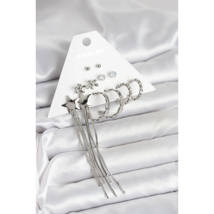 Gümüş Renk Pirinç 6 Çift Kadın Küpe Seti