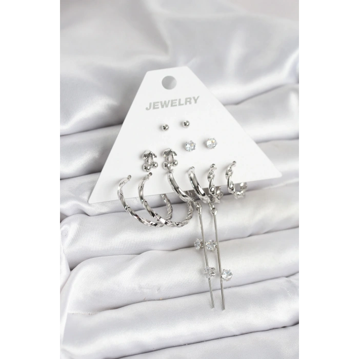 Gümüş Renk Pirinç 6lı Kadın Küpe Seti