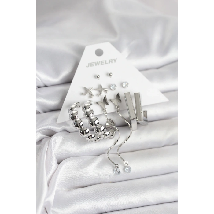 Gümüş Renk Pirinç 6lı Kadın Küpe Seti