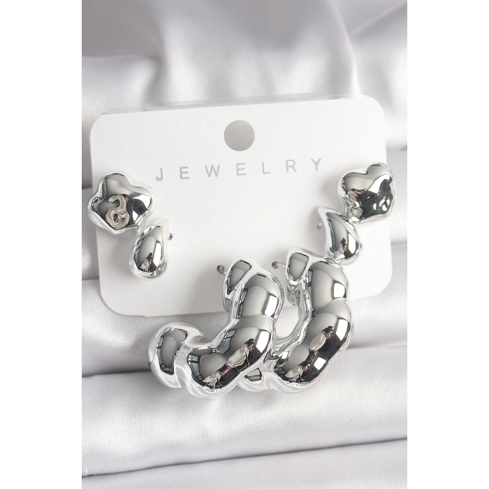 Gümüş Renk Yonca Damla Halka Model CCB Plastik Kadın Küpe Seti