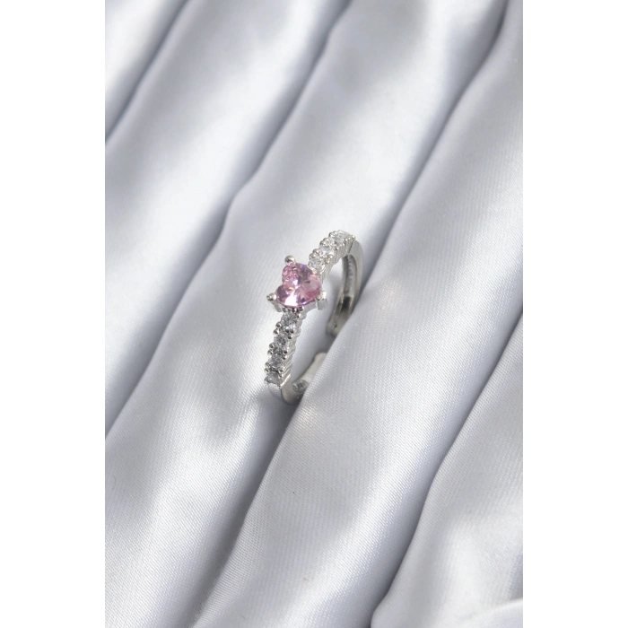 Gümüş Renk Zirkon Taşlı Pembe Kristal Kalp Model Kadın Yüzük