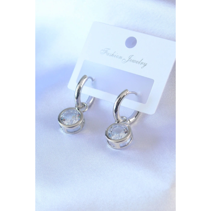 Gümüş Renk Zirkon Taşlı Pirinç Kadın Küpe