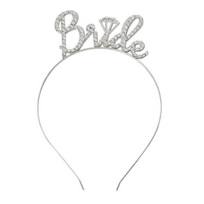 Gümüş Renkli Taşlı “Bride” Gelin Tacı – El Yazısı Yazı Tipiyle