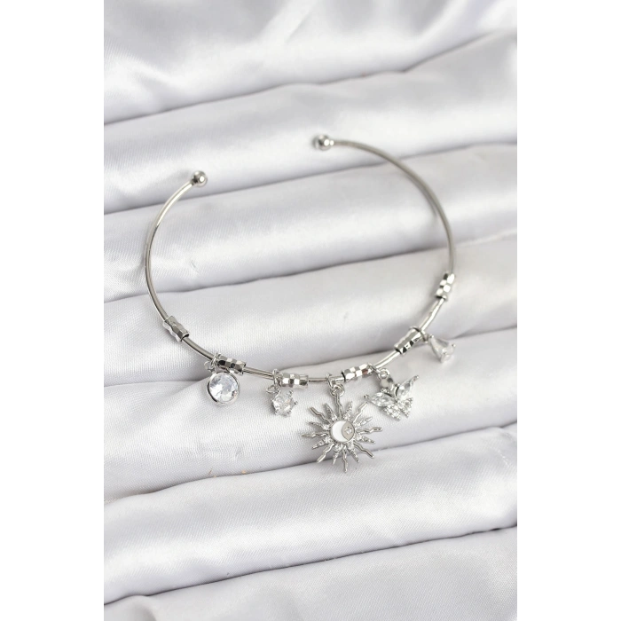 Güneş Charmlı Gümüş Renk Pirinç Kadın Bileklik