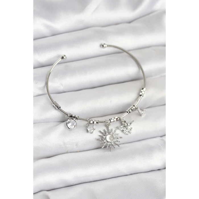 Güneş Charmlı Gümüş Renk Pirinç Kadın Bileklik