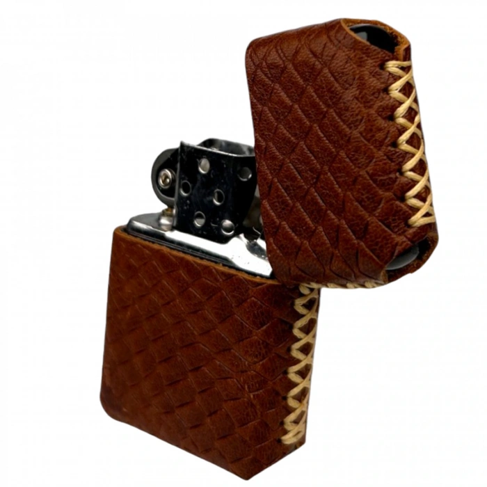 Handmade El Yapımı Hakiki Deri Zippo Modeli Çakmak - AG02001 - Taba