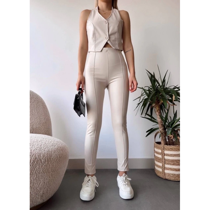 İki düğmeli deri yelek krem s243001