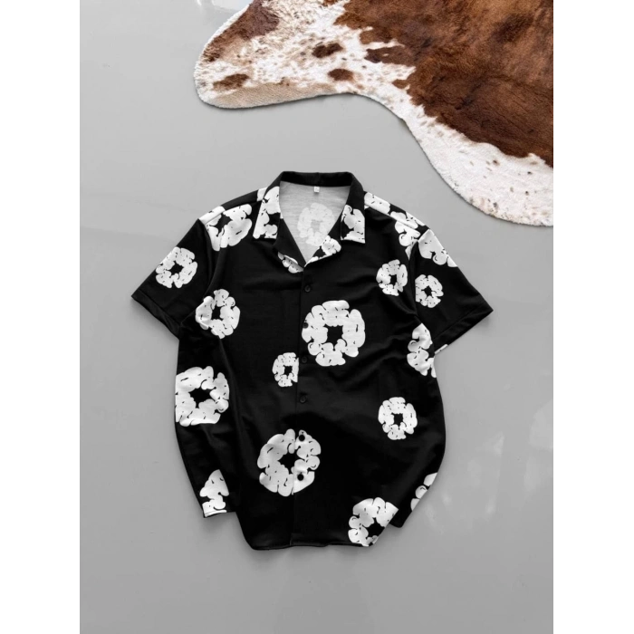 İKİ İPLİK KUMAŞ BASKILI GÖMLEK - SİYAH