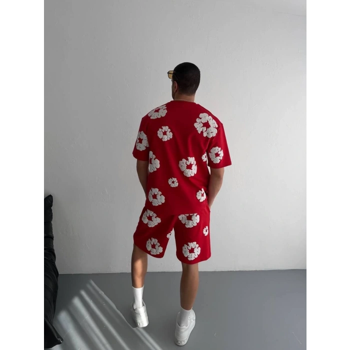 İki İplik Kumaş Baskılı T-shirt Şortlu Takım- Kırmızı