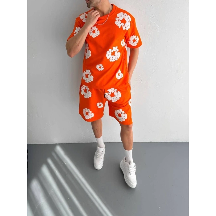 İki İplik Kumaş Baskılı T-shirt Şortlu Takım- Turuncu