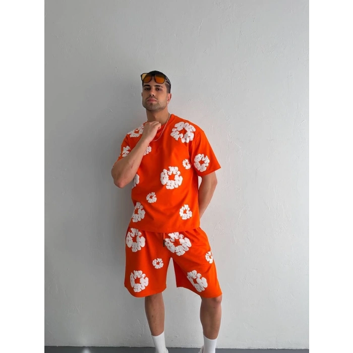 İki İplik Kumaş Baskılı T-shirt Şortlu Takım- Turuncu