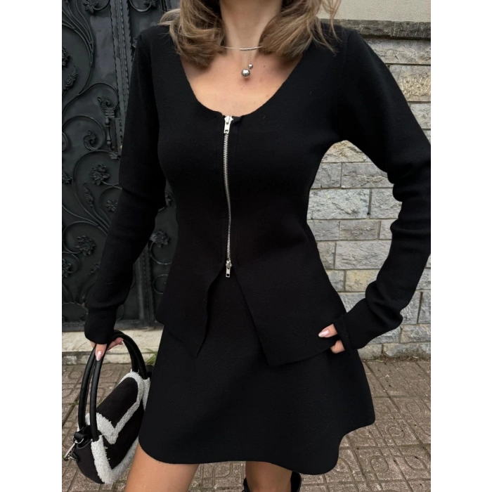 İKİLİ FERMUARLI HIRKALI ETEKLİ TAKIM - SİYAH