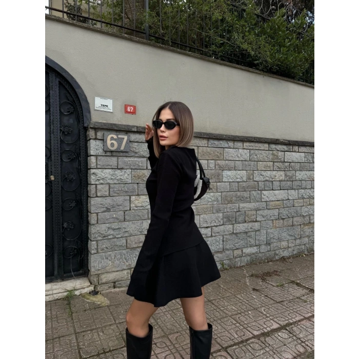 İKİLİ FERMUARLI HIRKALI ETEKLİ TAKIM - SİYAH