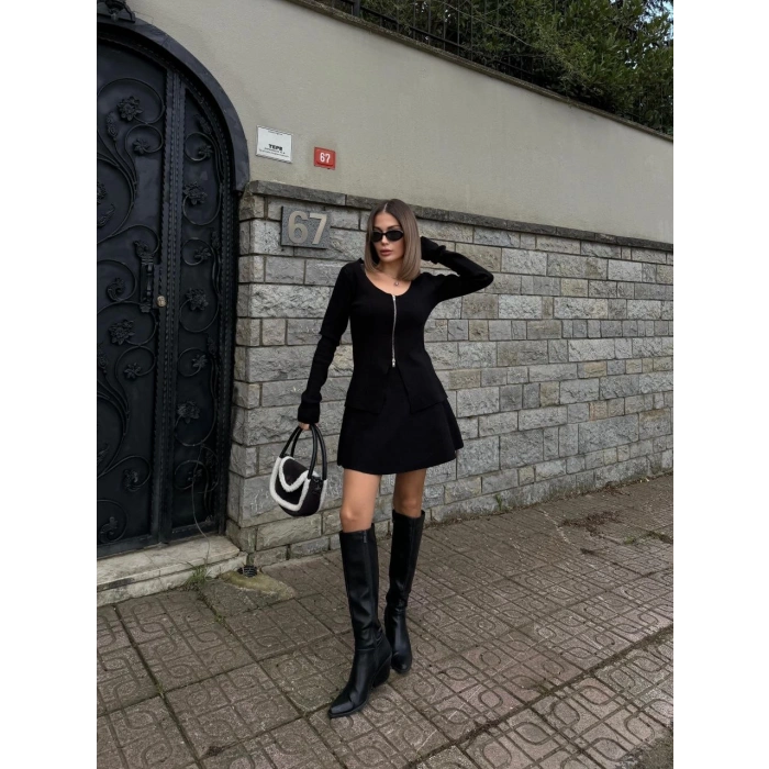 İKİLİ FERMUARLI HIRKALI ETEKLİ TAKIM - SİYAH