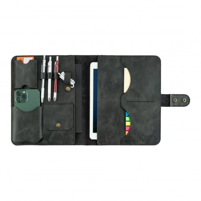 İsme Özel Çıtçıtlı Fonksiyonlu iPad Organizer - %100 Rainbow Deri - ET01002 - Antrasit