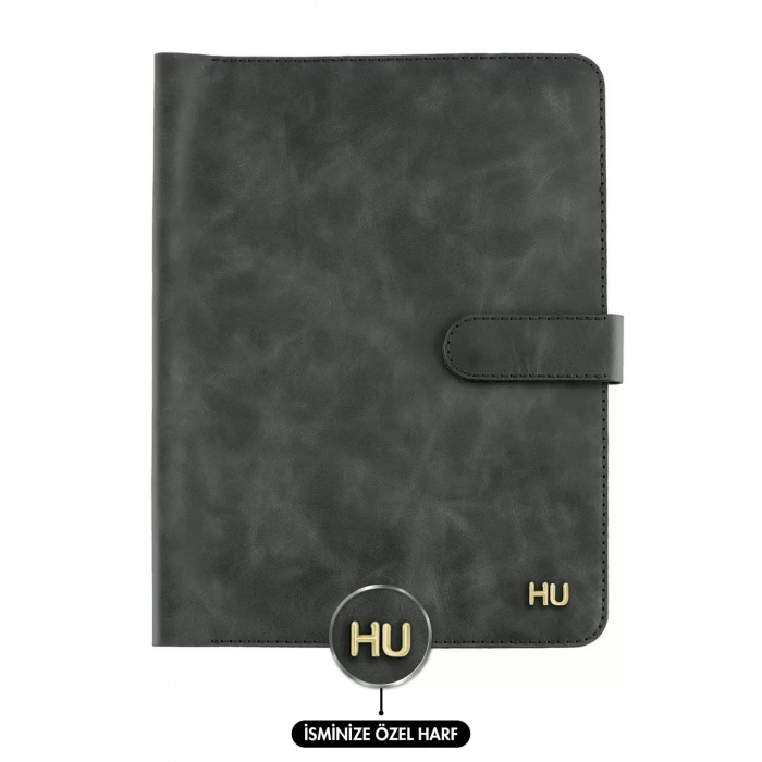 İsme Özel Çıtçıtlı Fonksiyonlu iPad Organizer - %100 Rainbow Deri - ET01002 - Antrasit