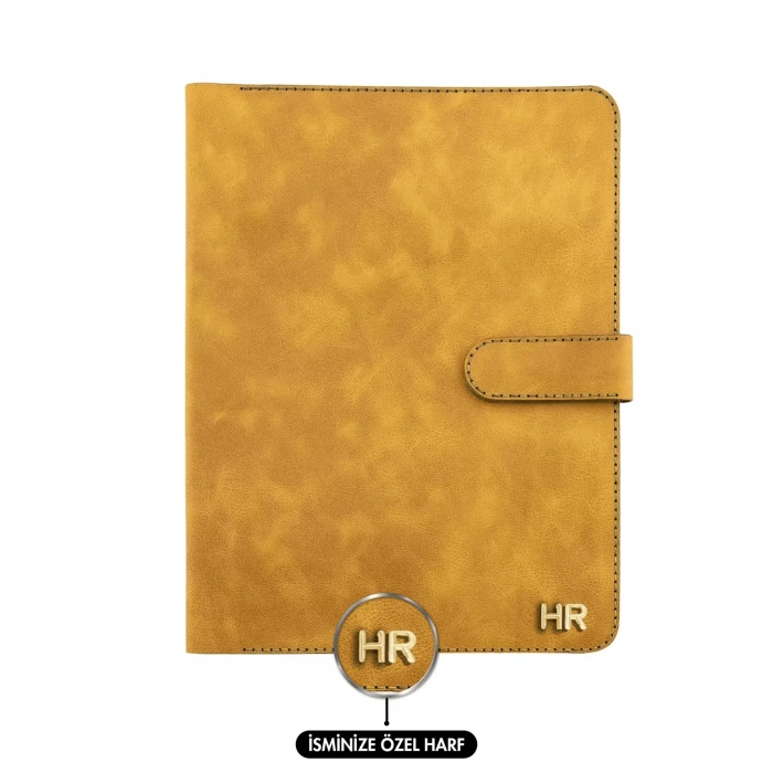 İsme Özel Çıtçıtlı Fonksiyonlu iPad Organizer - %100 Rainbow Deri - ET01002 - Hardal Sarısı