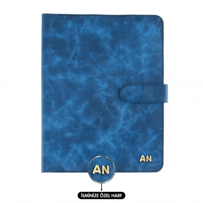 İsme Özel Çıtçıtlı Fonksiyonlu iPad Organizer - %100 Rainbow Deri - ET01002 - Saks Mavisi