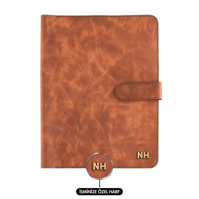 İsme Özel Çıtçıtlı Fonksiyonlu iPad Organizer - %100 Rainbow Deri - ET01002 - Tobacco