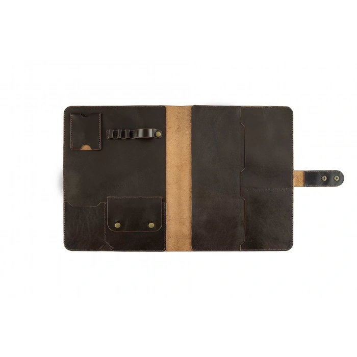 İsme Özel Çıtçıtlı Fonksiyonlu iPad Organizer - %100 Tiesto Deri - ET01003 - Koyu Kahverengi