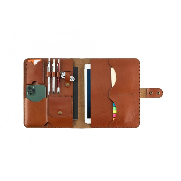 İsme Özel Çıtçıtlı Fonksiyonlu iPad Organizer - %100 Tiesto Deri - ET01003 - Tobacco