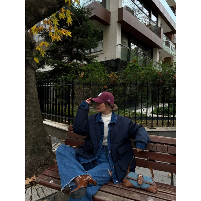 JEANS DETAYLI CITCITLI CEKET MONT - LACİVERT