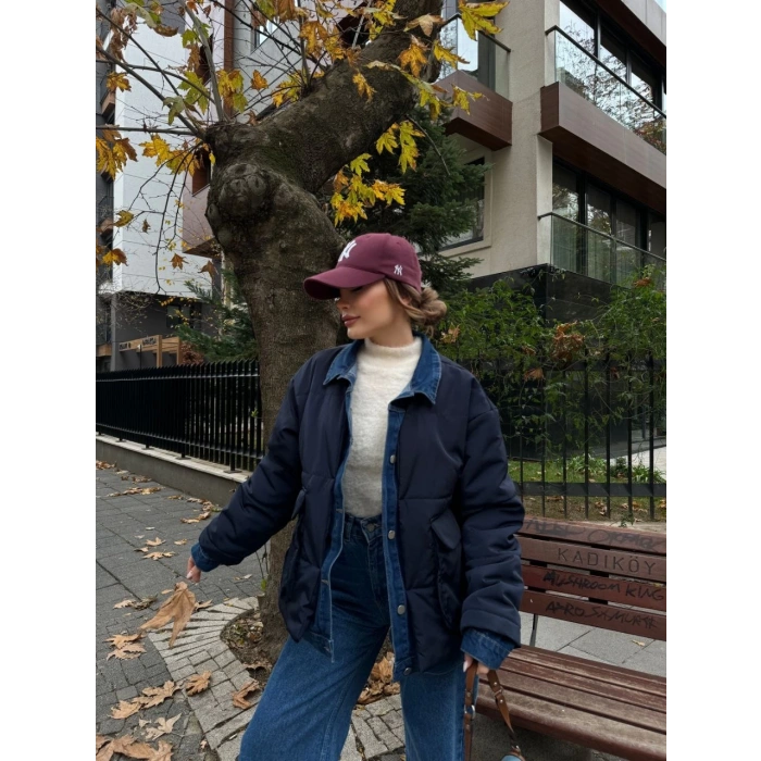 JEANS DETAYLI CITCITLI CEKET MONT - LACİVERT