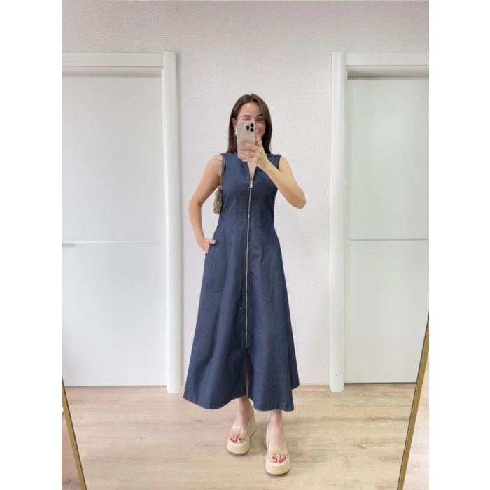 JEANS KOT ÖNÜ TAM FERMUARLI KADIN UZUN ELBİSE - MAVİ