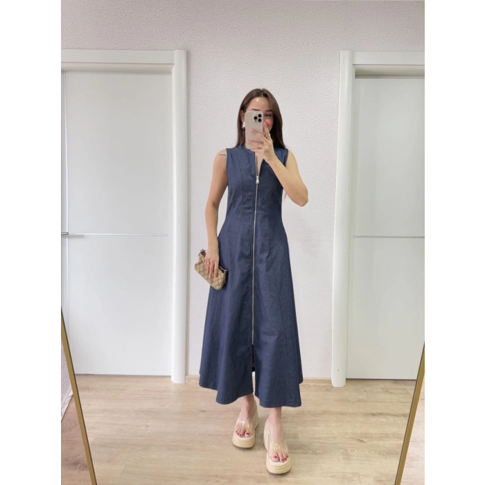 JEANS KOT ÖNÜ TAM FERMUARLI KADIN UZUN ELBİSE - MAVİ