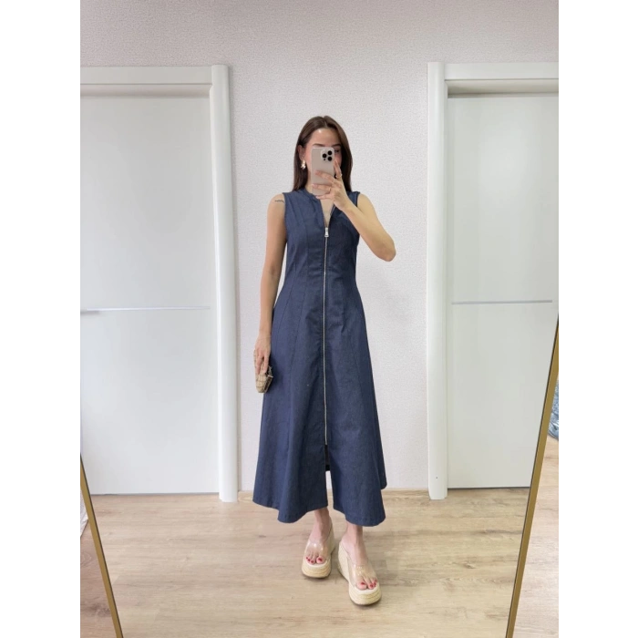 JEANS KOT ÖNÜ TAM FERMUARLI KADIN UZUN ELBİSE - MAVİ