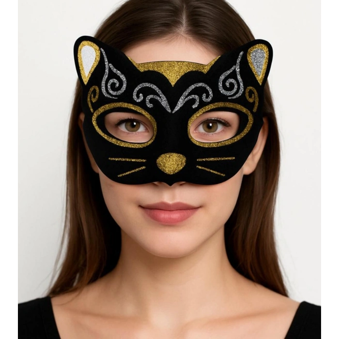Kadife Dokulu Sim Detaylı Işıltılı Kedi Maskesi Altın Gümüş 20x13 cm
