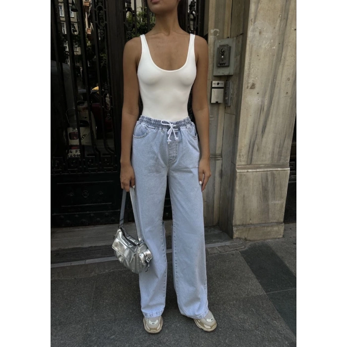 Kadın Arkadan Yırtmaçlı Jeans Kot Palazzo Pantolon - Mavi