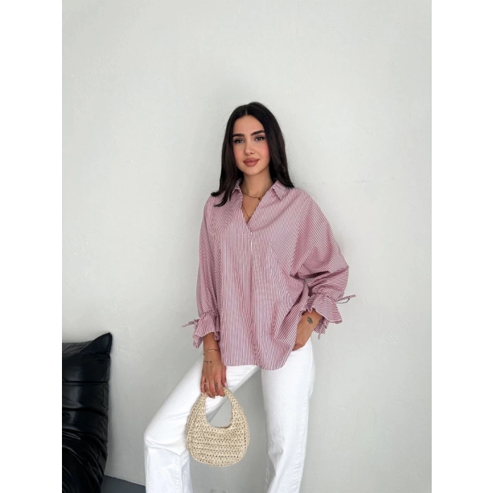 Kadın Arkası Asimetrik Yırtmaç Kesim Detaylı Cizgili Bluz Gömlek - Bordo