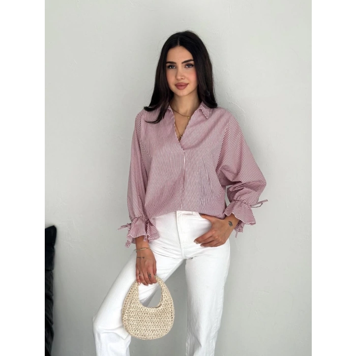 Kadın Arkası Asimetrik Yırtmaç Kesim Detaylı Cizgili Bluz Gömlek - Bordo