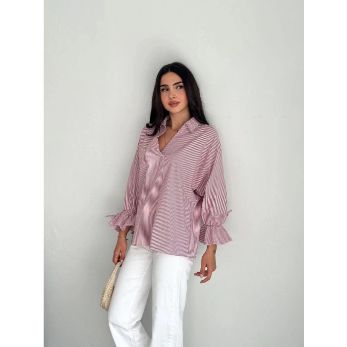 Kadın Arkası Asimetrik Yırtmaç Kesim Detaylı Cizgili Bluz Gömlek - Bordo