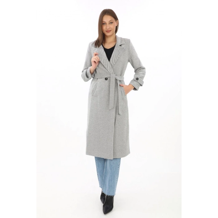 Kadın Balık Sırtı Kaşe Kaban – Uzun Boy Kruvaze Yaka Kuşaklı Astarlı Kışlık Tesettür Kaban, Yünlü Dokuma Kaşmir Kumaş, Cepli Rahat Oversize Kalıp Şık Modern Kaban Mont Modeli (Günlük ve Özel Gün Kombinlerine Uygun) - Gri