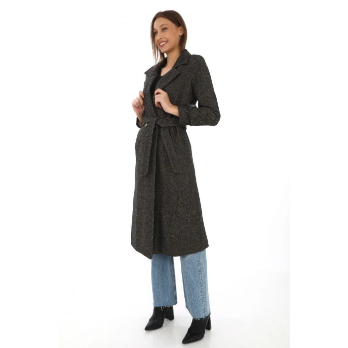 Kadın Balık Sırtı Kaşe Kaban – Uzun Boy Kruvaze Yaka Kuşaklı Astarlı Kışlık Tesettür Kaban, Yünlü Dokuma Kaşmir Kumaş, Cepli Rahat Oversize Kalıp Şık Modern Kaban Mont Modeli (Günlük ve Özel Gün Kombinlerine Uygun) - Kahverengi