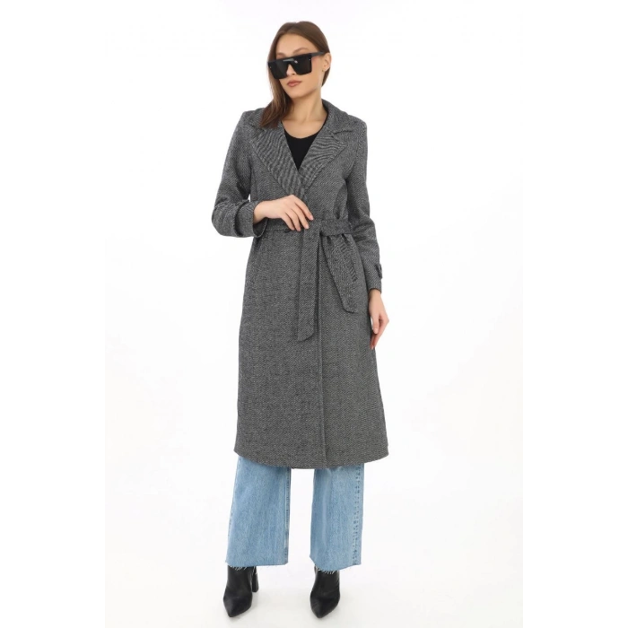 Kadın Balık Sırtı Kaşe Kaban – Uzun Boy Kruvaze Yaka Kuşaklı Astarlı Kışlık Tesettür Kaban, Yünlü Dokuma Kaşmir Kumaş, Cepli Rahat Oversize Kalıp Şık Modern Kaban Mont Modeli (Günlük ve Özel Gün Kombinlerine Uygun) - Füme