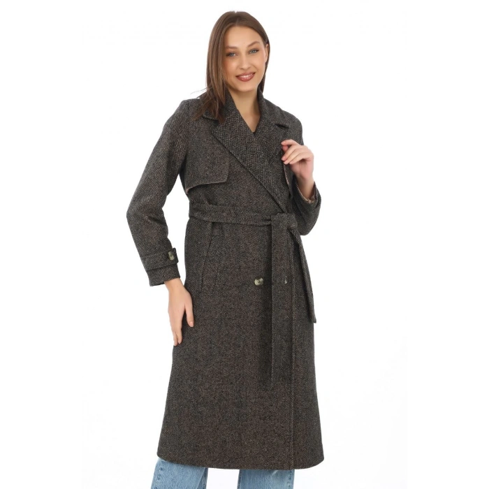 Kadın Balık Sırtı Yünlü Dokuma Kaşe Kaban – Kruvaze Yaka, Kuşaklı, Cepli, Astarlı Uzun Boy Tesettür Şık Kışlık Kaşe Kaban Modeli - Kahverengi