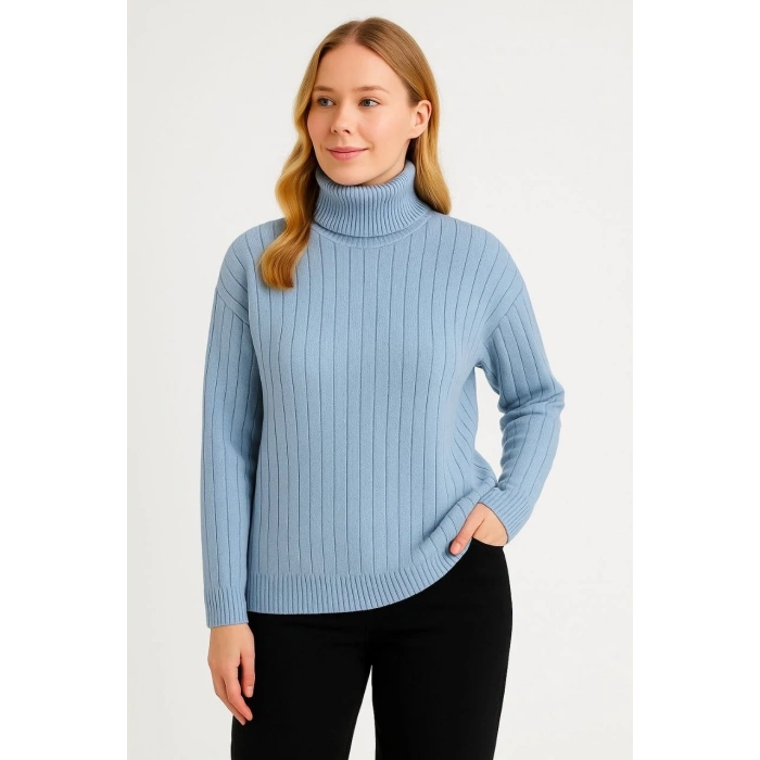 Kadın Balıkcı Yaka Bağazlı Triko Kazak Pamuklu Kalın Fitilli Dokuma - Bebek Mavisi