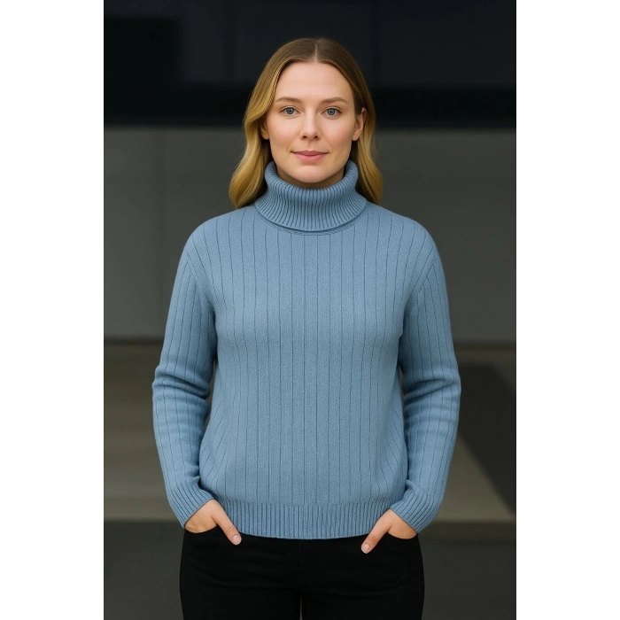 Kadın Balıkcı Yaka Bağazlı Triko Kazak Pamuklu Kalın Fitilli Dokuma - Bebek Mavisi