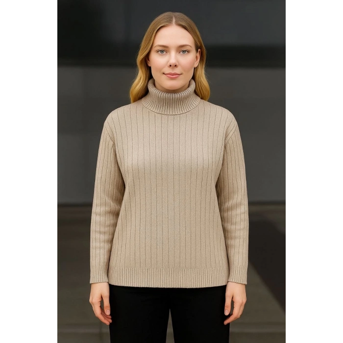 Kadın Balıkcı Yaka Bağazlı Triko Kazak Pamuklu Kalın Fitilli Dokuma - Bej