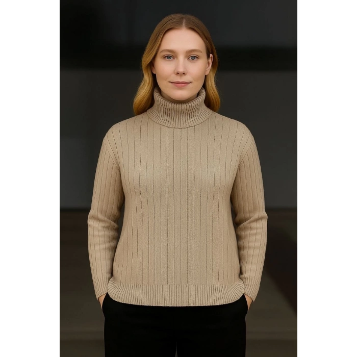 Kadın Balıkcı Yaka Bağazlı Triko Kazak Pamuklu Kalın Fitilli Dokuma - Bej