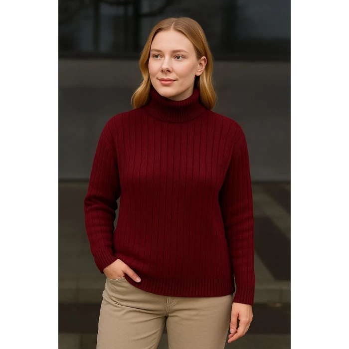 Kadın Balıkcı Yaka Bağazlı Triko Kazak Pamuklu Kalın Fitilli Dokuma - Bordo