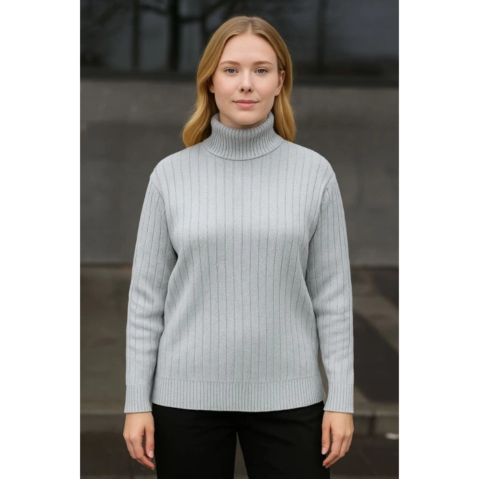 Kadın Balıkcı Yaka Bağazlı Triko Kazak Pamuklu Kalın Fitilli Dokuma - Gri