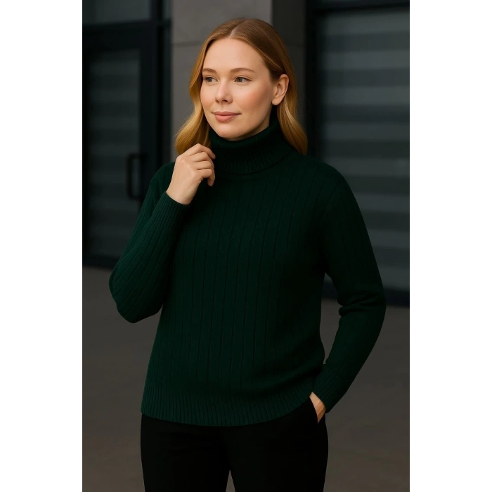 Kadın Balıkcı Yaka Bağazlı Triko Kazak Pamuklu Kalın Fitilli Dokuma - Haki