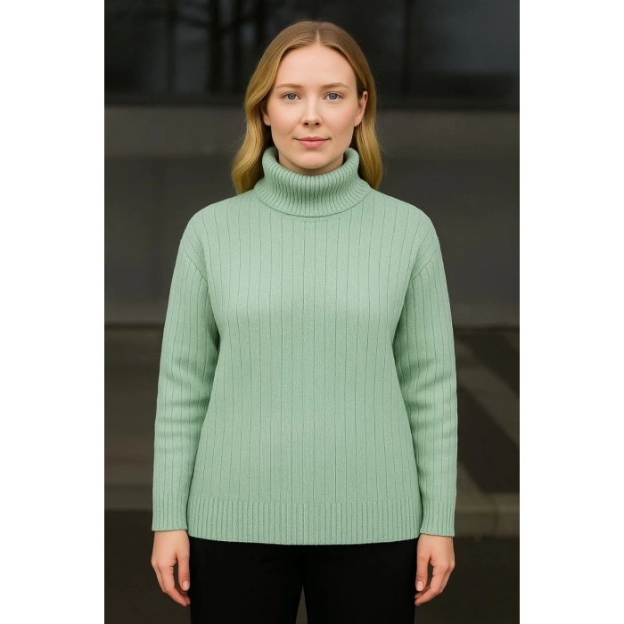 Kadın Balıkcı Yaka Bağazlı Triko Kazak Pamuklu Kalın Fitilli Dokuma - Mint Yeşili