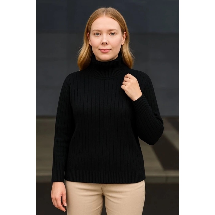 Kadın Balıkcı Yaka Bağazlı Triko Kazak Pamuklu Kalın Fitilli Dokuma - Siyah