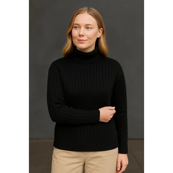 Kadın Balıkcı Yaka Bağazlı Triko Kazak Pamuklu Kalın Fitilli Dokuma - Siyah