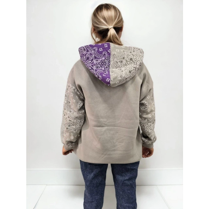 KADIN BASKILI KAPÜŞONLU SWEATSHİRT - GRİ